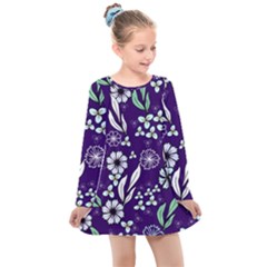 Floral Blue Pattern  Kids  Long Sleeve Dress by MintanArt