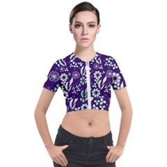 Floral Blue Pattern  Short Sleeve Cropped Jacket by MintanArt