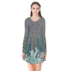 Cactus Plant Green Nature Cacti Long Sleeve V-neck Flare Dress by Mariart