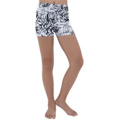 Black And White Graffiti Abstract Collage Kids  Lightweight Velour Yoga Shorts by dflcprintsclothing