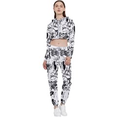 Black And White Graffiti Abstract Collage Cropped Zip Up Lounge Set by dflcprintsclothing