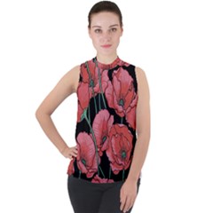 Red Flowers Mock Neck Chiffon Sleeveless Top by goljakoff