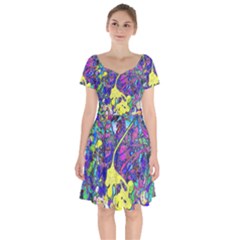 Vibrant Abstract Floral/rainbow Color Short Sleeve Bardot Dress by dressshop