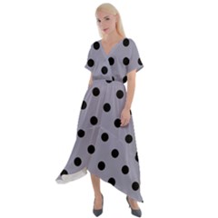 Large Black Polka Dots On Coin Grey - Cross Front Sharkbite Hem Maxi Dress by FashionLane