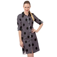 Large Black Polka Dots On Dark Smoke Grey - Long Sleeve Mini Shirt Dress by FashionLane