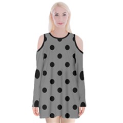 Large Black Polka Dots On Just Grey - Velvet Long Sleeve Shoulder Cutout Dress by FashionLane