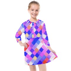 Squares Pattern Geometric Seamless Kids  Quarter Sleeve Shirt Dress by Dutashop