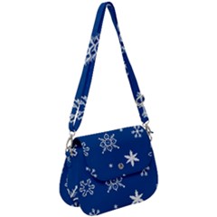 Christmas Seamless Pattern With White Snowflakes On The Blue Background Saddle Handbag by EvgeniiaBychkova