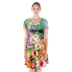 Forest Flowers  Short Sleeve V-neck Flare Dress by ArtsyWishy