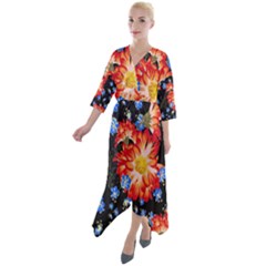 Orange And Blue Chamomiles Design Quarter Sleeve Wrap Front Maxi Dress by ArtsyWishy