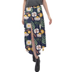 Flower Grey Pattern Floral Velour Split Maxi Skirt by Dutashop