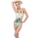 Green Monstera Leaf Illustrations Plunging Cut Out Swimsuit View1