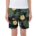 Tropical vintage yellow hibiscus floral green leaves seamless pattern black background. Women s Basketball Shorts View1