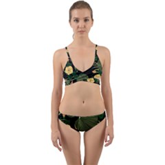 Tropical Vintage Yellow Hibiscus Floral Green Leaves Seamless Pattern Black Background  Wrap Around Bikini Set by Sobalvarro