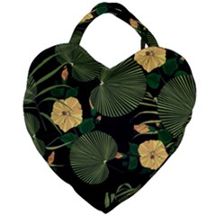 Tropical Vintage Yellow Hibiscus Floral Green Leaves Seamless Pattern Black Background  Giant Heart Shaped Tote by Sobalvarro