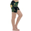 Tropical vintage yellow hibiscus floral green leaves seamless pattern black background. Lightweight Velour Yoga Shorts View3