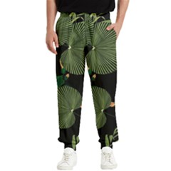 Tropical Vintage Yellow Hibiscus Floral Green Leaves Seamless Pattern Black Background  Men s Elastic Waist Pants by Sobalvarro