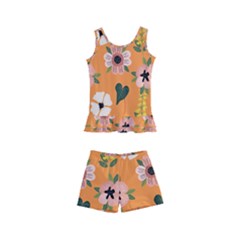 Flower Orange Pattern Floral Kids  Boyleg Swimsuit by Dutashop