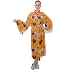 Flower Orange Pattern Floral Maxi Velour Kimono by Dutashop