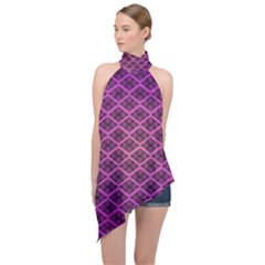 Pattern Texture Geometric Patterns Purple Halter Asymmetric Satin Top by Dutashop