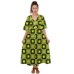 Green Pattern Square Squares Kimono Sleeve Boho Dress by Dutashop