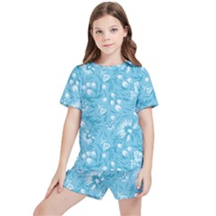 Blue White Flowers Kids  Tee And Sports Shorts Set by Eskimos