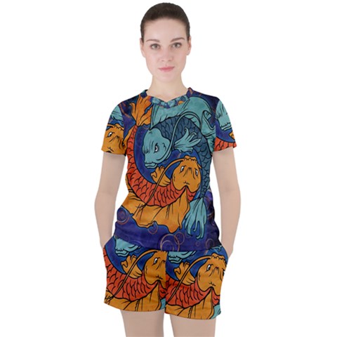 Koi Fish Women s Tee And Shorts Set by ExtraAwesomeSauce