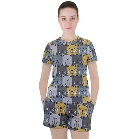 Cute Cat Pattern Women s Tee And Shorts Set by ExtraAwesomeSauce