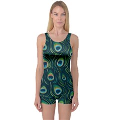 Watercolor Peacock Feather Pattern One Piece Boyleg Swimsuit by ExtraAwesomeSauce