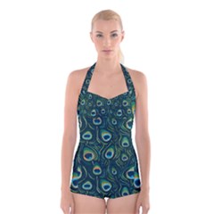 Watercolor Peacock Feather Pattern Boyleg Halter Swimsuit  by ExtraAwesomeSauce