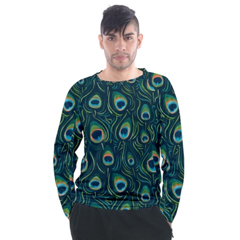 Watercolor Peacock Feather Pattern Men s Long Sleeve Raglan Tee by ExtraAwesomeSauce