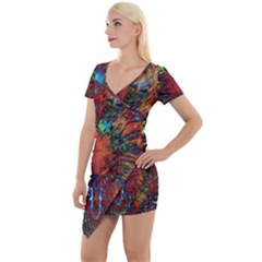 Boho Hippie Trippy Floral Pattern Short Sleeve Asymmetric Mini Dress by CrypticFragmentsDesign