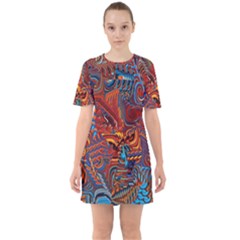 Phoenix Rising Colorful Abstract Art Sixties Short Sleeve Mini Dress by CrypticFragmentsDesign