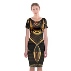 Black And Gold Abstract Line Art Pattern Classic Short Sleeve Midi Dress by CrypticFragmentsDesign