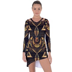 Black And Gold Abstract Line Art Pattern Asymmetric Cut-out Shift Dress by CrypticFragmentsDesign