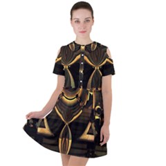 Black And Gold Abstract Line Art Pattern Short Sleeve Shoulder Cut Out Dress  by CrypticFragmentsDesign