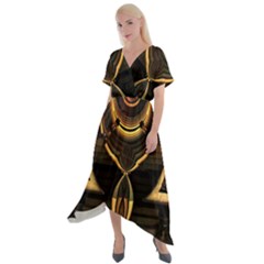 Black And Gold Abstract Line Art Pattern Cross Front Sharkbite Hem Maxi Dress by CrypticFragmentsDesign