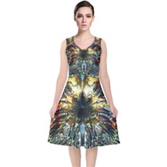 Multicolor Floral Art Copper Patina  V-neck Midi Sleeveless Dress  by CrypticFragmentsDesign