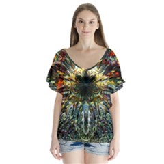 Multicolor Floral Art Copper Patina  V-neck Flutter Sleeve Top by CrypticFragmentsDesign