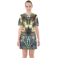 Multicolor Floral Art Copper Patina  Sixties Short Sleeve Mini Dress by CrypticFragmentsDesign