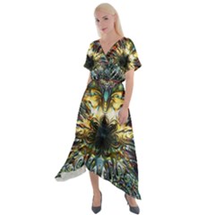 Multicolor Floral Art Copper Patina  Cross Front Sharkbite Hem Maxi Dress by CrypticFragmentsDesign