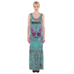 Retro Hippie Abstract Floral Blue Violet Thigh Split Maxi Dress by CrypticFragmentsDesign