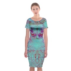 Retro Hippie Abstract Floral Blue Violet Classic Short Sleeve Midi Dress by CrypticFragmentsDesign