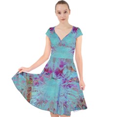 Retro Hippie Abstract Floral Blue Violet Cap Sleeve Front Wrap Midi Dress by CrypticFragmentsDesign