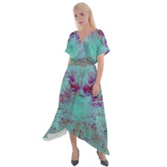 Retro Hippie Abstract Floral Blue Violet Cross Front Sharkbite Hem Maxi Dress by CrypticFragmentsDesign