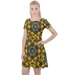 Mandala Faux Artificial Leather Among Spring Flowers Cap Sleeve Velour Dress  by pepitasart