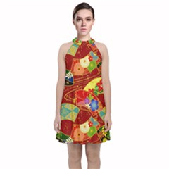 Floral Abstract Velvet Halter Neckline Dress  by icarusismartdesigns