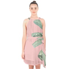 Banana Leaf On Pink Halter Collar Waist Tie Chiffon Dress by goljakoff