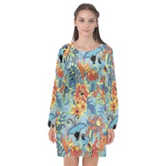 Flowers And Butterfly Long Sleeve Chiffon Shift Dress  by goljakoff