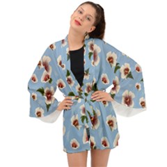 Delicate Hibiscus Flowers On A Blue Background Long Sleeve Kimono by SychEva